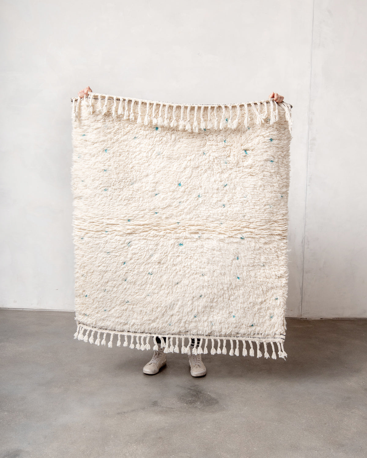 Modern, designer, handcrafted Berber rug from Morocco. Beniourain carpet with beautiful colours and patterns and fluffy wool texture.